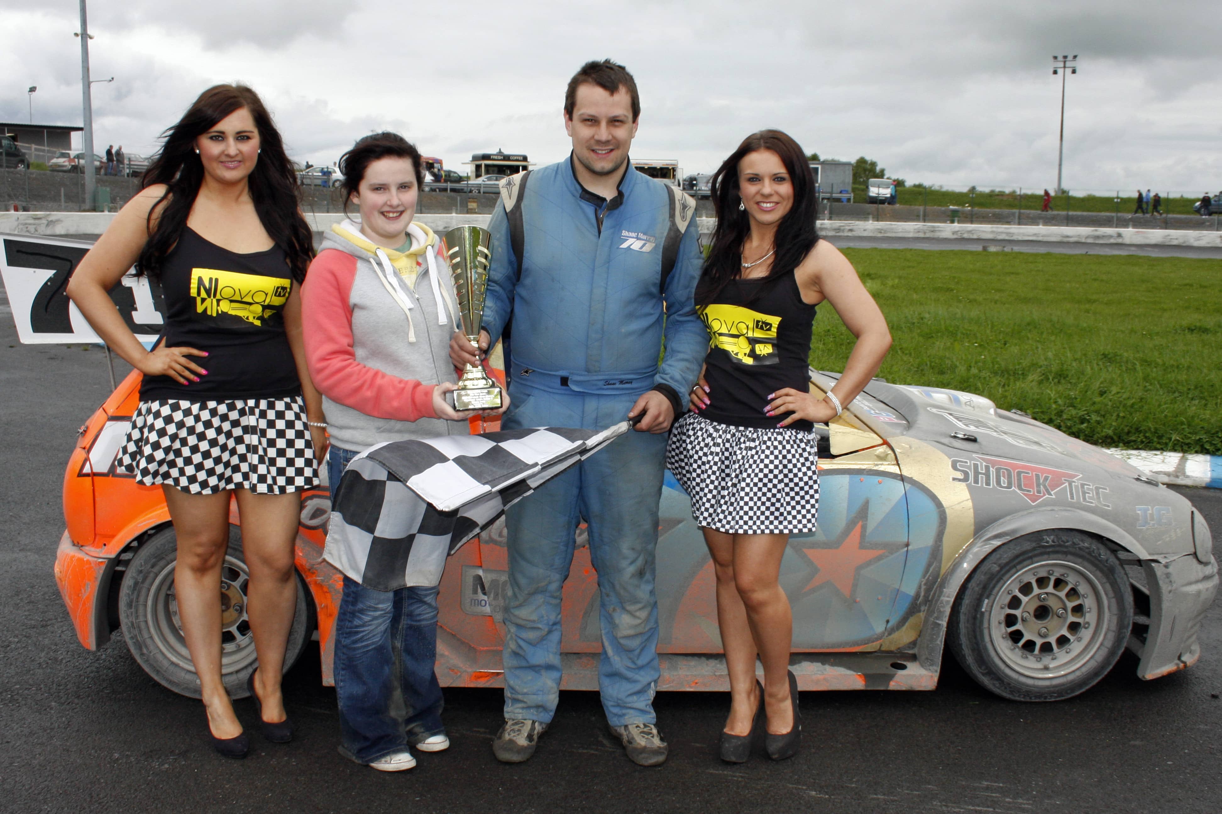 Danielle Hughes Presented the Trophy for the 2 Litre Hot Rods Final to World Champion Shane Murray on behalf of LMC Trade Sales at Tullyroan Oval on Sunday