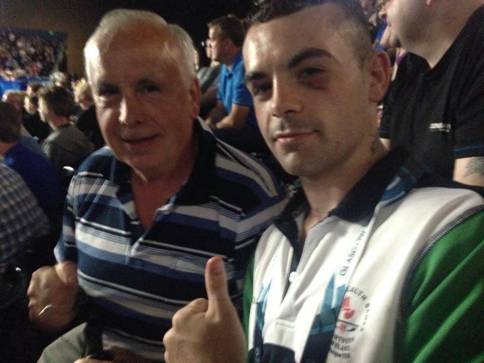 County Armagh boxer Sean Duffy with father Michael after victory in the last 16 at the Commonwealth Games