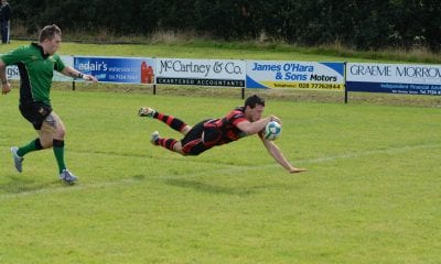 Robbie Faloon scores Armagh's first try at City of Derry on Saturday