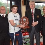 Barry Finn receives an award as captain of the club Under 16 Fifteen despite picking up a serious leg injury during the final at Kingspan stadium.  Richard Black Armagh Rugby youth co-ordinator, Barry Finn, Raymond Donnelly Club President & Shirly-Ann Donaldson Club vice-president
