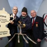 Pictured at the launch is (L-R) Robin McCormick, General Manager, SONI; David Napier, volunteer Groundsman, Ballynahinch RFC; and Bobby Stewart President of IRFU Ulster Branch.
