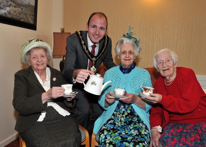 Lord Mayor of Armagh City, Banbridge and Craigavon, Councillor Darryn Causby with Emily Birch, Jean Dale and Jean Anderson who are all celebrating their 90th Birthdays.