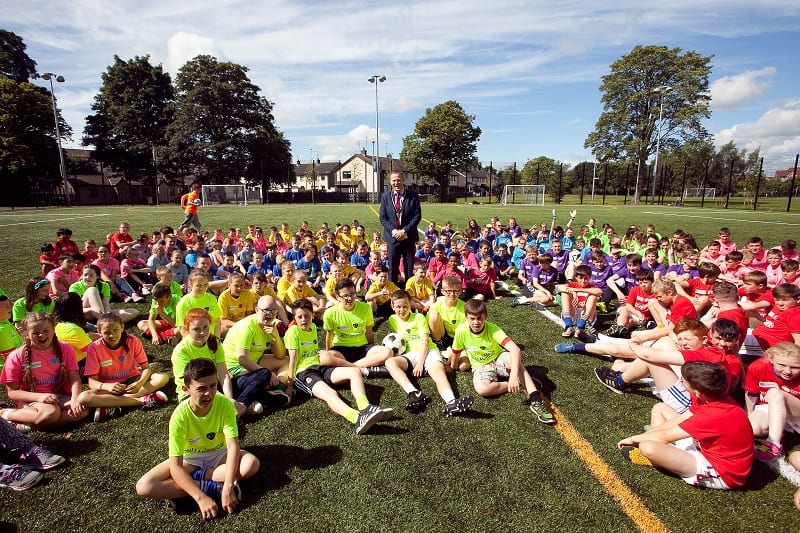 Deputy Lord Mayor of Armagh City Banbridge and Craigavon Borough Council, Councillor Paul Greenfield with some young people from the 21 muga teams who took part in the community games