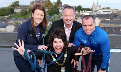 It looks like Garath Keating, Lord Mayor, Armagh City, Banbridge & Craigavon Borough Council has just been nominated as the first one over the edge on the Southern Area Hospice Christmas Abseil. Pictured giving moral support are from left: Anne MacOscar, Southern Area Hospice; Barry Donaghy, General Manager, Armagh City Hotel and Tommy Stevenson, Andy Ward Health and Fitness Studio. The Abseil takes place at the Armagh City Hotel on Sunday 4th December.