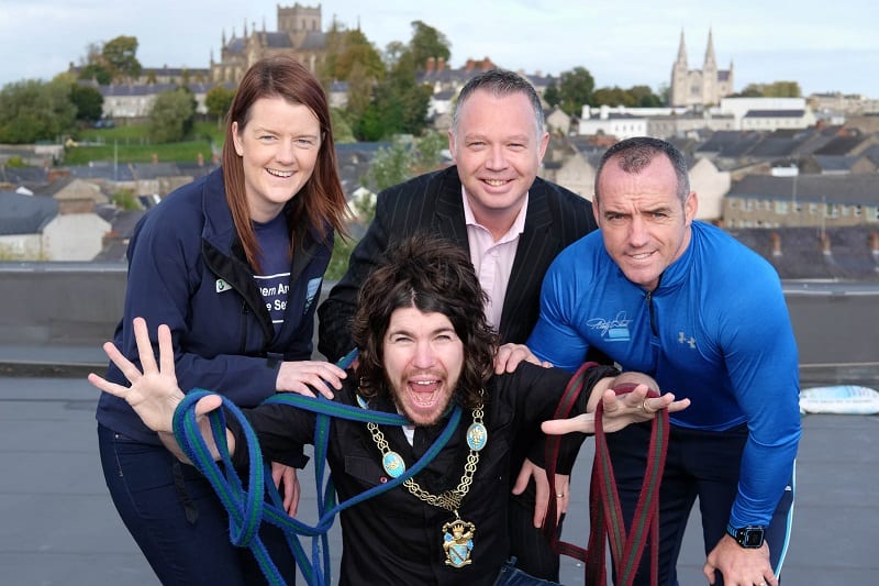It looks like Garath Keating, Lord Mayor, Armagh City, Banbridge & Craigavon Borough Council has just been nominated as the first one over the edge on the Southern Area Hospice Christmas Abseil. Pictured giving moral support are from left: Anne MacOscar, Southern Area Hospice; Barry Donaghy, General Manager, Armagh City Hotel and Tommy Stevenson, Andy Ward Health and Fitness Studio. The Abseil takes place at the Armagh City Hotel on Sunday 4th December.