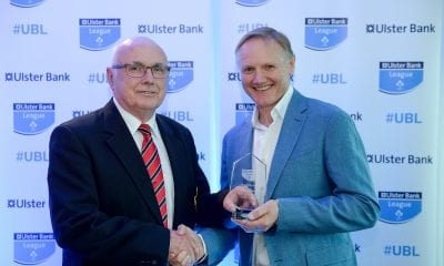 25 May 2017; Ken Redpath, City of Armagh RFC, is presented with the award for Ulster Bank Public Relations Officer of the Year by Ireland rugby head coach Joe Schmidt during the Ulster Bank League Awards at the Aviva Stadium in Dublin. Photo by Cody Glenn/Sportsfile *** NO REPRODUCTION FEE ***