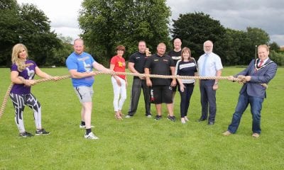 Lord Mayor, Alderman Gareth Wilson, Councillor Julie Flaherty, Simon Truesdale, Event Coordinator, Steven Black, Co-Director Warehouse Gym (Main Sponsor of Event and co event organiser), Strongman, Michael Wilson, Strong Woman, Laura O’Hara, Adrian Farrell, President of Portadown Chamber of Commerce and Owen Matchett, Williams Estate Agents (Sponsor of the event).