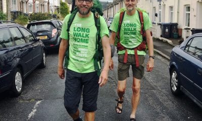 Leaving Dover for the GB leg of 'The Long Walk Home' for dementia research - 2,500km trek from Austria to Armagh. Eamonn Donnelly and Sepp Tieber-Kessler