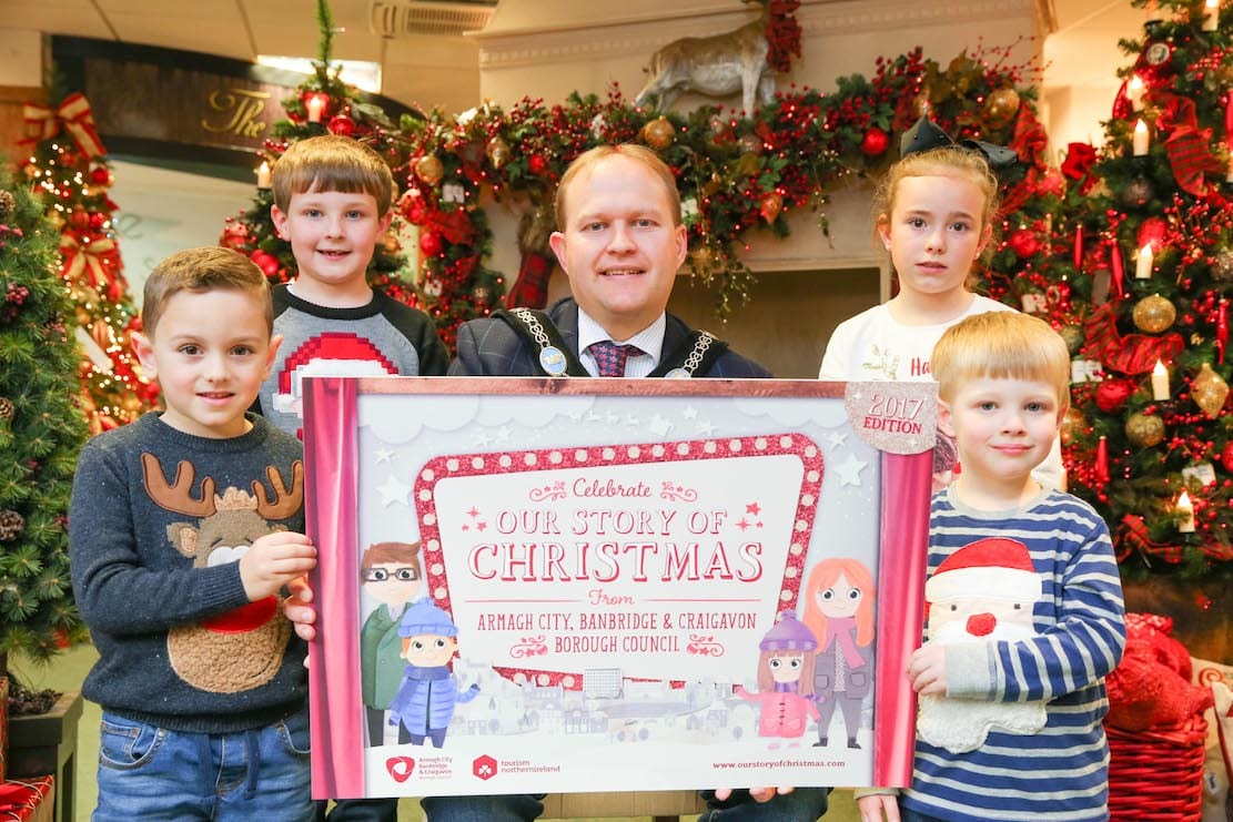 Lord Mayor Alderman Gareth Wilson is pictured at the launch of ‘Our Story of Christmas’ campaign with his band of little helpers which include his two sons. From left are Jake Garvey, Lewis Wilson, Tara Brennan and Micah Wilson.