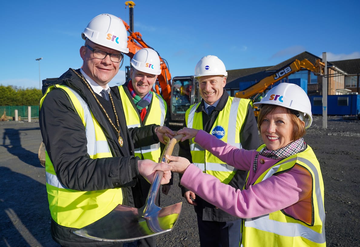 BREAKING NEW GROUND: Building work on Southern Regional College’s new £15 million educational campus in Banbridge started in earnest this week after preparatory works on the Castlewellan Road site were completed on schedule to allow full construction to begin. The new purpose-built campus, which forms part of a £95 million investment by SRC and the Department for the Economy to create three new state-of-the-art educational campuses across the Armagh City, Banbridge and Craigavon area, will open next year. Pictured with Beverley Harrison, director of further education at the Department of the Economy are (l-r) Deputy Lord Mayor of Armagh City, Banbridge and Craigavon Cllr Paul Duffy, Brian Doran, chief executive of Southern Regional College and O’Hare & McGovern managing director Martin Lennon.