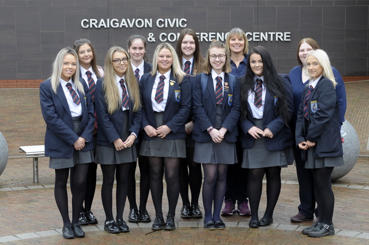 International Women's Day event, Craigavon Civic Centre 5th March 2019, Nuala McKeever joined Craigavon Senior High with Teacher Irene Megaw. ©Edward Byrne Photography
