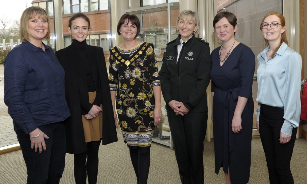 International Women's Day event, Craigavon Civic Centre 5th March 2019. Pictured from left Compere Nuala McKeever, Keeva Murtagh (The Prince’s Trust), Lord Mayor Cllr Julie Flaherty, Inspector Rosemary Leech MBE (Road Policing Development), Alison Matthews (owner of VirtuAli Administrative Solutions) and Mary Hanna (Policy & Diversity Officer, Armagh City, Banbridge & Craigavon Borough Council). ©Edward Byrne Photography