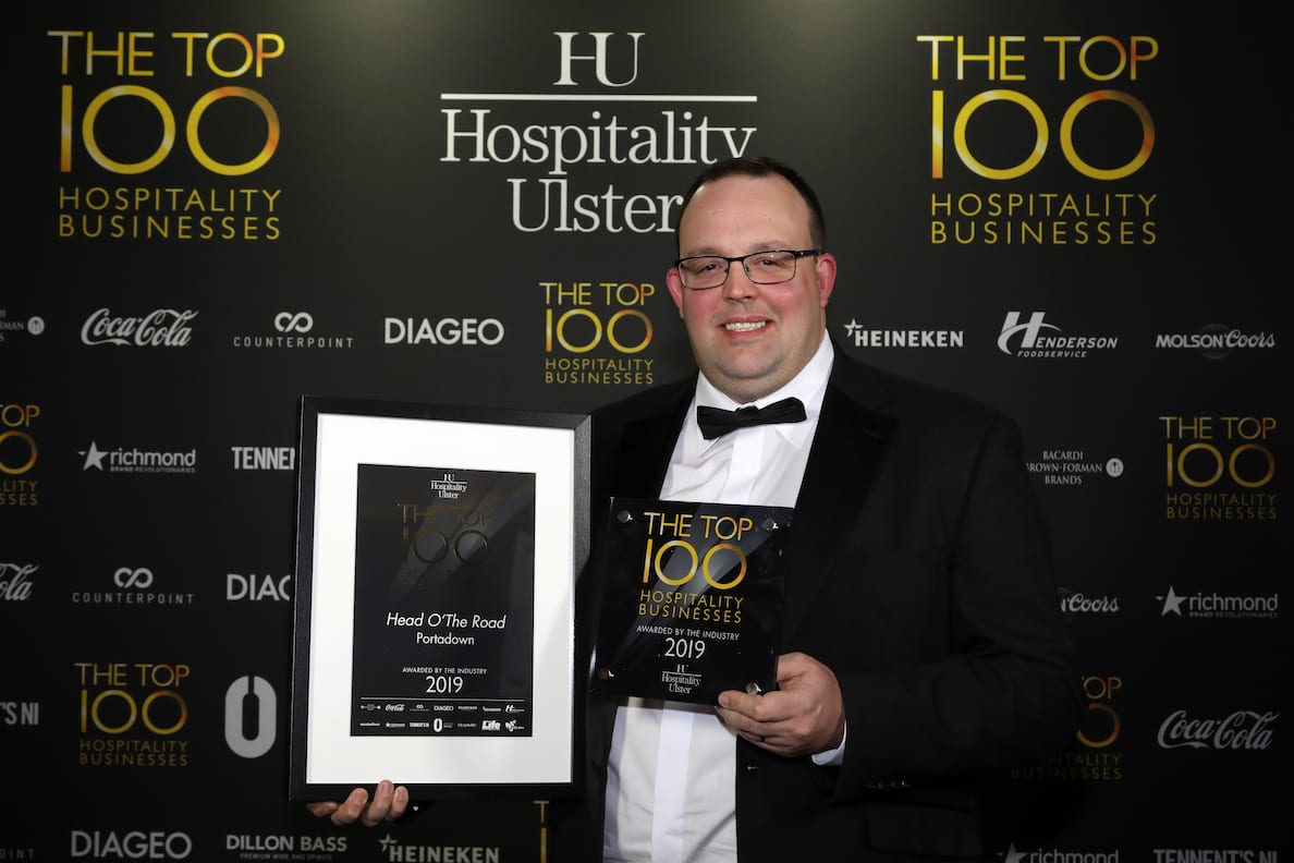 Wednesday 27th February 2019, Titanic Belfast: Pictured: John Lawson, Head O’The Road, Portadown at Hospitality Ulster’s Top 100 Hospitality Business Awards at Titanic Belfast. Northern Ireland’s Top 100 Hospitality Businesses 2019 were revealed in a star-studded ceremony on Wednesday 27th February. This year’s coveted list was decided by a panel of independent judges, headed up by food critic, Joris Minne. The prestigious ceremony was hosted by acclaimed stand-up comedian Colm O’Regan and attended by a number of VIP gusts including former Ireland rugby captain, Brian O’Driscoll and sports pundit, Adrian Logan. From Michelin starred restaurants and five-star hotels to buzzing city centre nightclubs, gastropubs, quaint country pubs, restaurants and hotels, Hospitality Ulster’s Top 100 shines the spotlight on Northern Ireland hospitality at its best. The full Hospitality Ulster Top 100 can be viewed online at www.Top100NI.com. Picture by Kelvin Boyes/Darren Kidd, Press Eye.