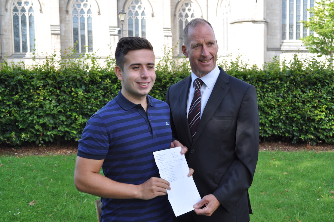 Mr Dominic Clarke, School Principal, congratulates Year 14 student Oran McGilly who achieved 3A* in Biology, Chemistry and Mathematics. Oran is looking forward to taking his place to study Medicine at Queen’s University, Belfast.