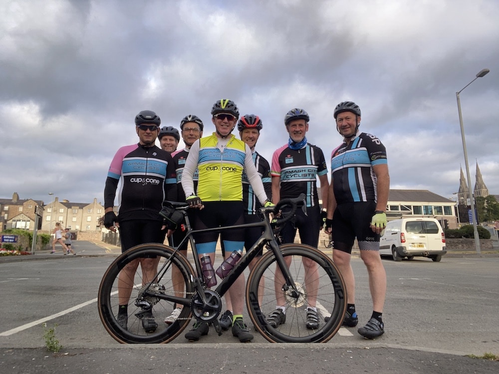 Armagh city cyclists. L-r: Pete Gildea, Gerard Enright, Tom McShane Paddy McShane, Paddy Toner and Eugene Quinn, Paddy Hughes (Conor Scully missing)