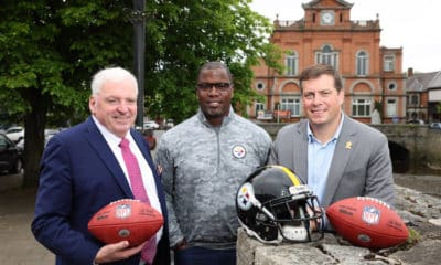 Pictured at Newry Town Hall are Daniel Rooney, Director of Business of Development & Strategy at Pittsburgh Steelers, former Pittsburgh Steelers quarterback Kordell Stewart and Fergal McCormack, Managing Partner of PKF – FPM Accountants and Rooney family friend.