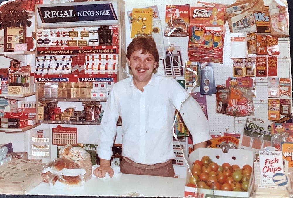 Pearse McConville on the day he opened his shop, July 1983