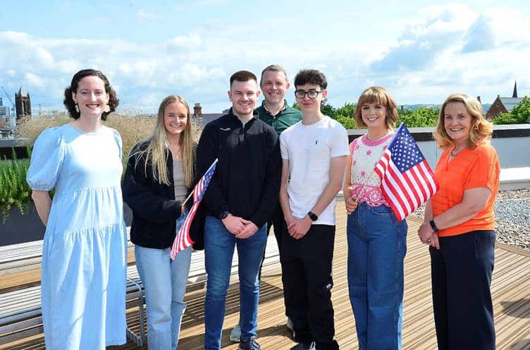 Co Armagh students (middle, from left) Ruth Cadden, James Tallon, James Hatchell and Jessica Anderson - are pictured with Dr. Erin Hinson, Study USA Student Support Advisor; Richard Leeman, Skills Division, Department for the Economy, Northern Ireland, and Mary Mallon, Head of Education, British Council Northern Ireland.