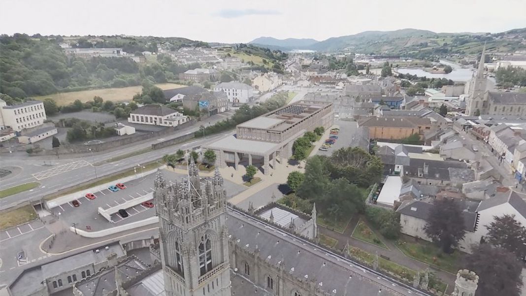 Image of Newry Cathedral and artist's impression of the new NMDDC civic centre.